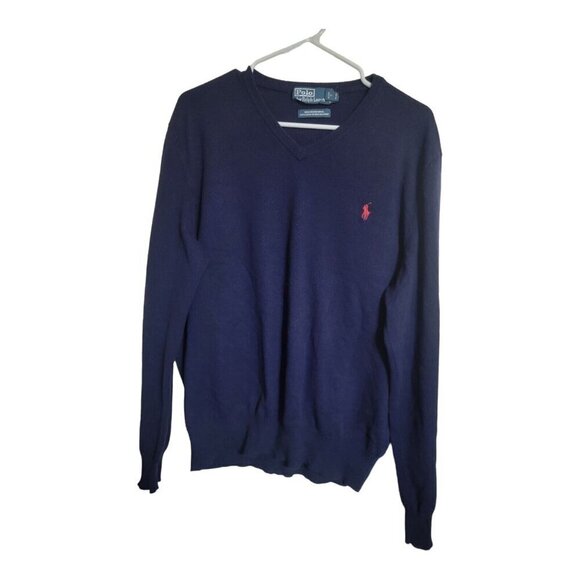 Vtg Polo Ralph Lauren Sweater Men XL Blue Merino Wool Vneck Windstopper Preppy